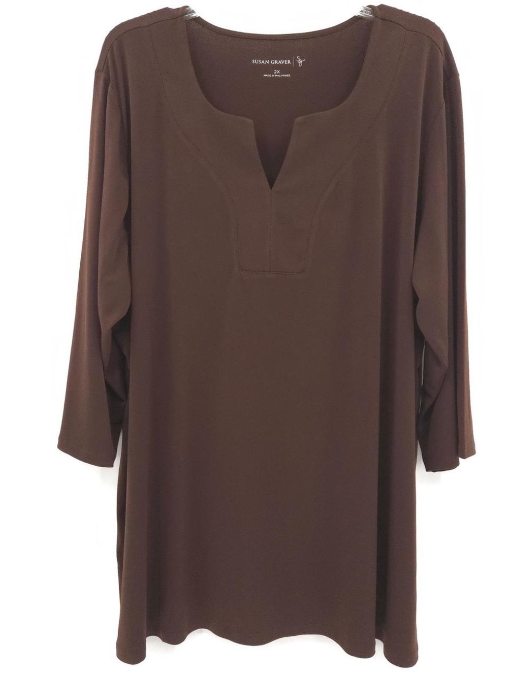 Susan Graver Fitted V-Neck Long Sleeve Top in Brown